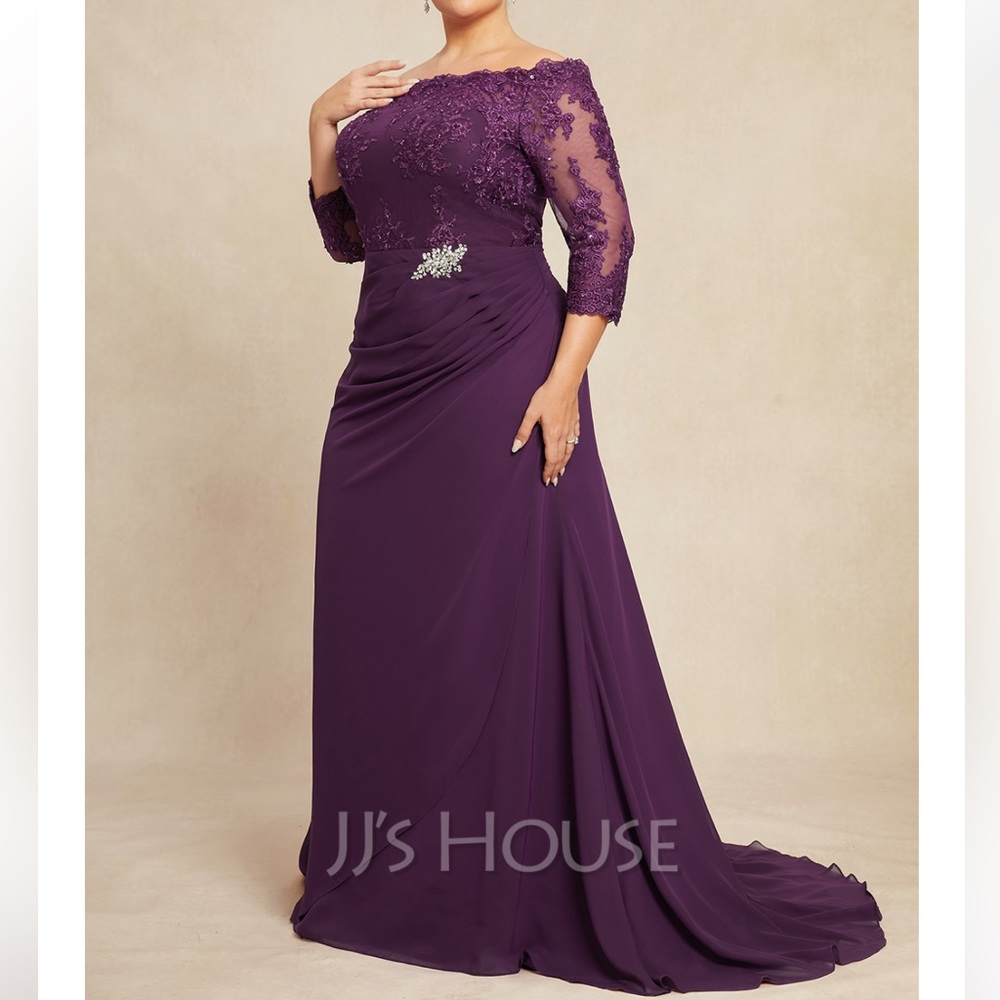 JJ’s House Plum Mother of the Bride/Groom Off-the-Shoulder Chiffon Gown w/Train